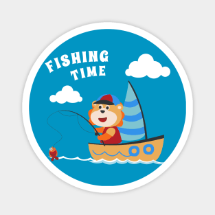 Vector cartoon illustration of cute lion fishing on sailboat with cartoon style. Magnet